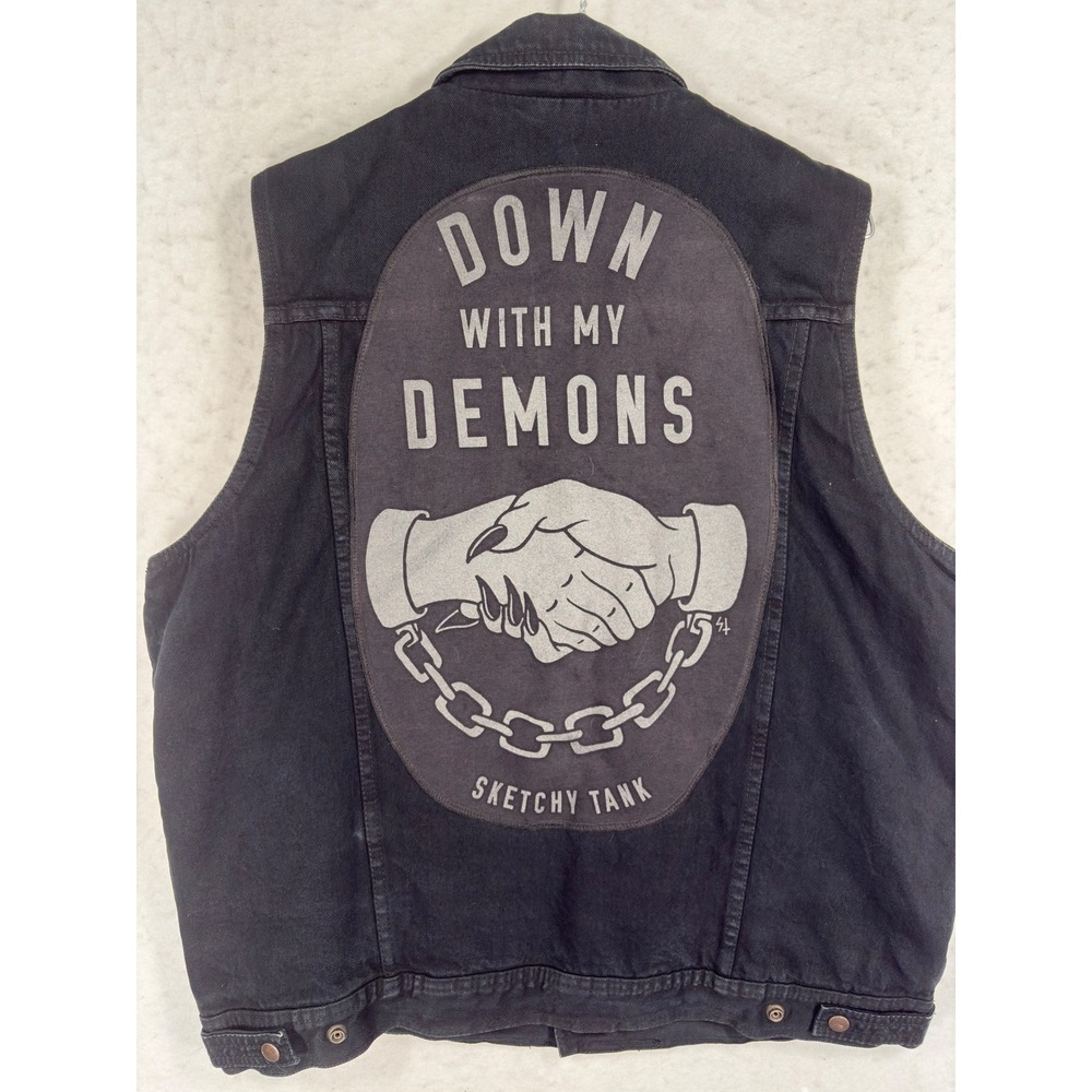 Milwaukee Performance Mens XL Black Denim Vest Sketchy Tank Demons Patch Biker